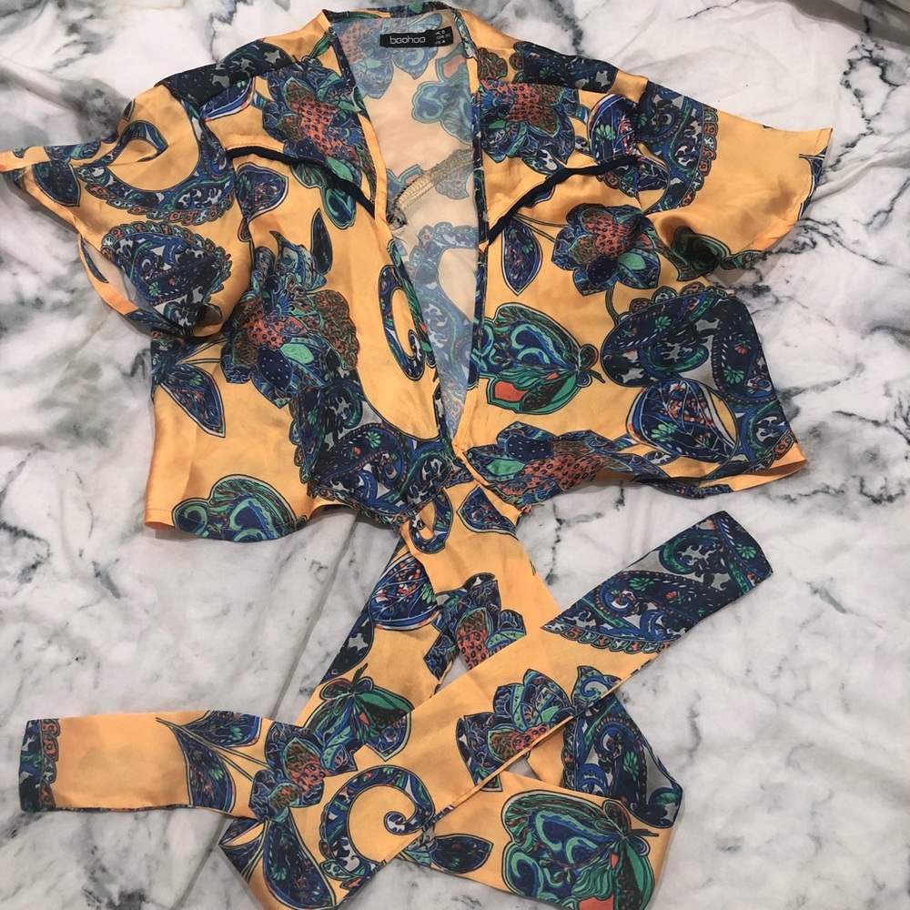 silk yellow patterned tie crop top